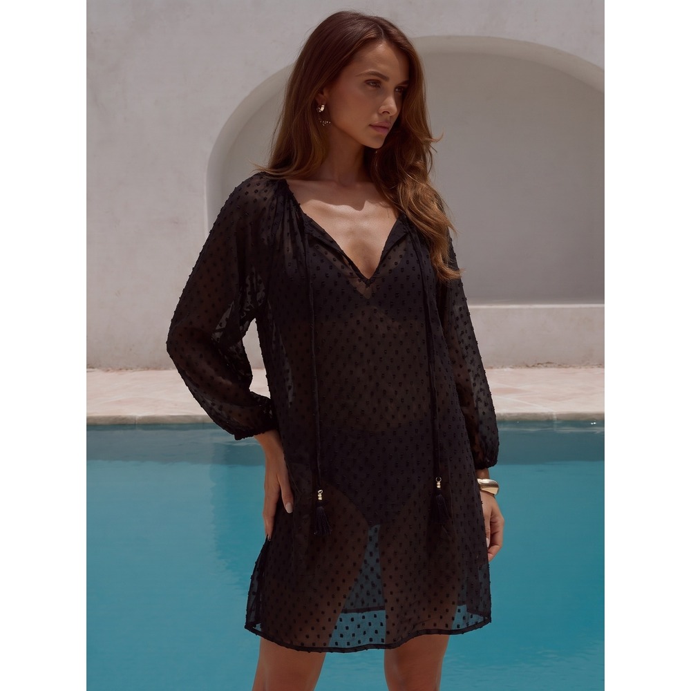 Tommy Bahama Dobby Split Neck Tunic Black Swiss Dot Cover Upโ Medium NWT